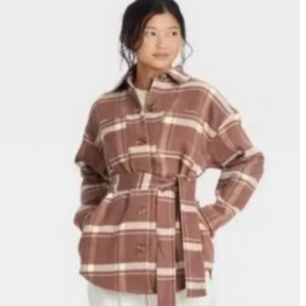 A New Day Plaid Women’s Jacket with Belt, pinkish-brown